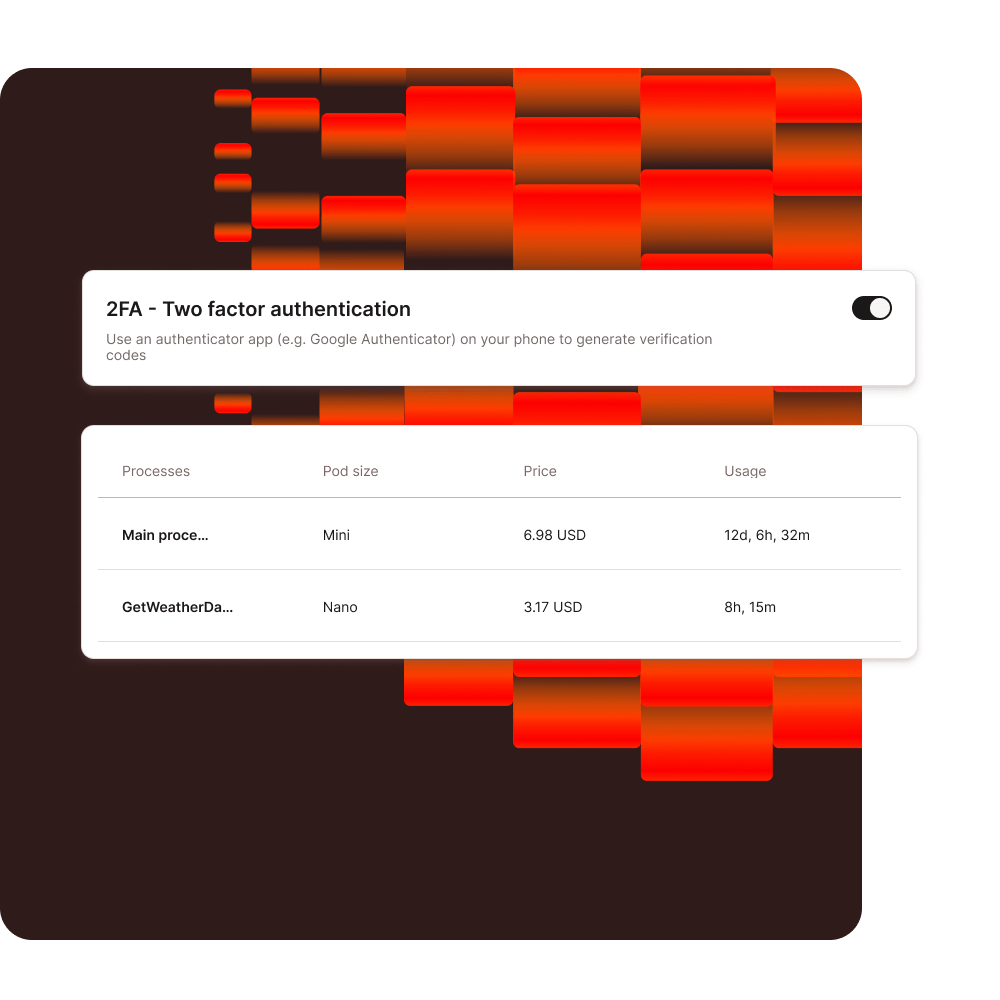 Capturas de pantalla que muestran los controles 2FA y la facturación de MyKinsta