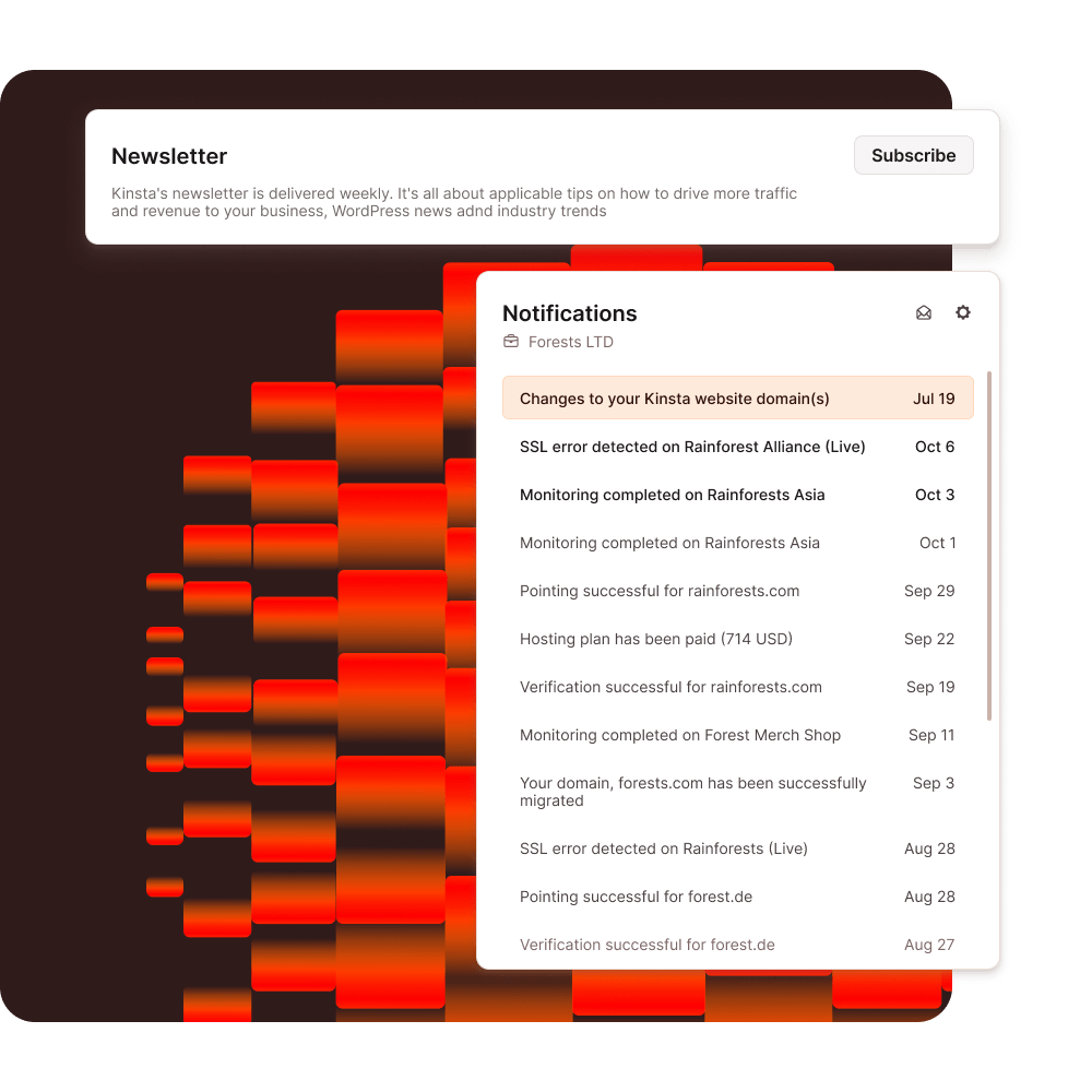 Capturas de pantalla que muestran ejemplos de notificaciones en MyKinsta