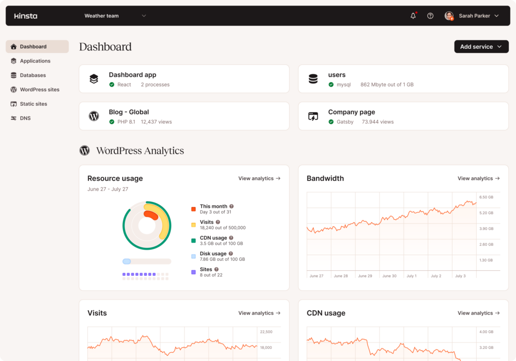 Schermafbeelding van het hoofddashboard van MyKinsta