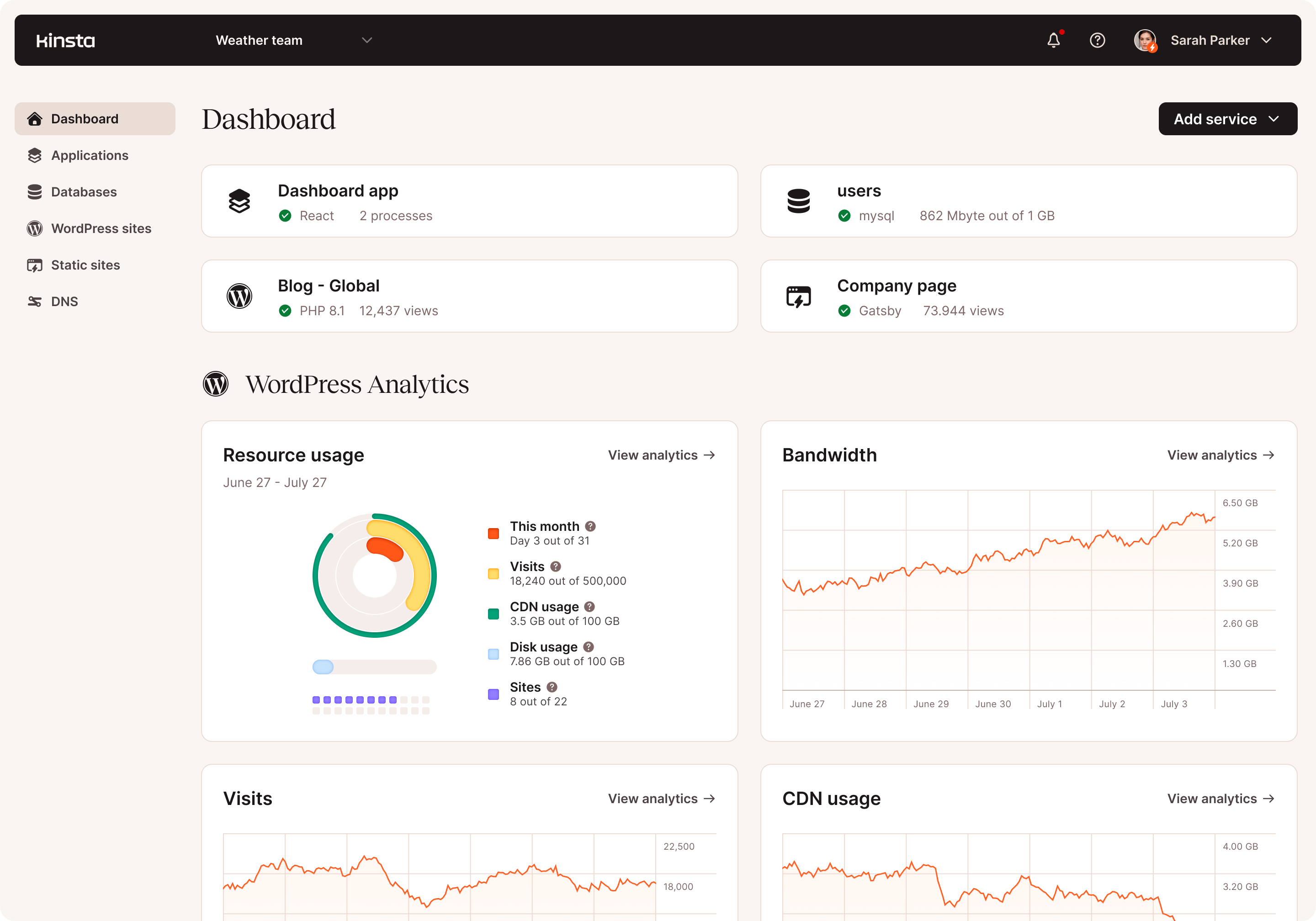 Schermafbeelding van het hoofddashboard van MyKinsta