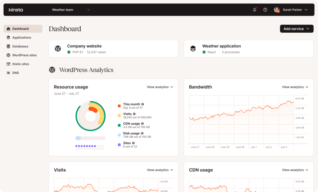 Screenshot of the default MyKinsta dashboard 