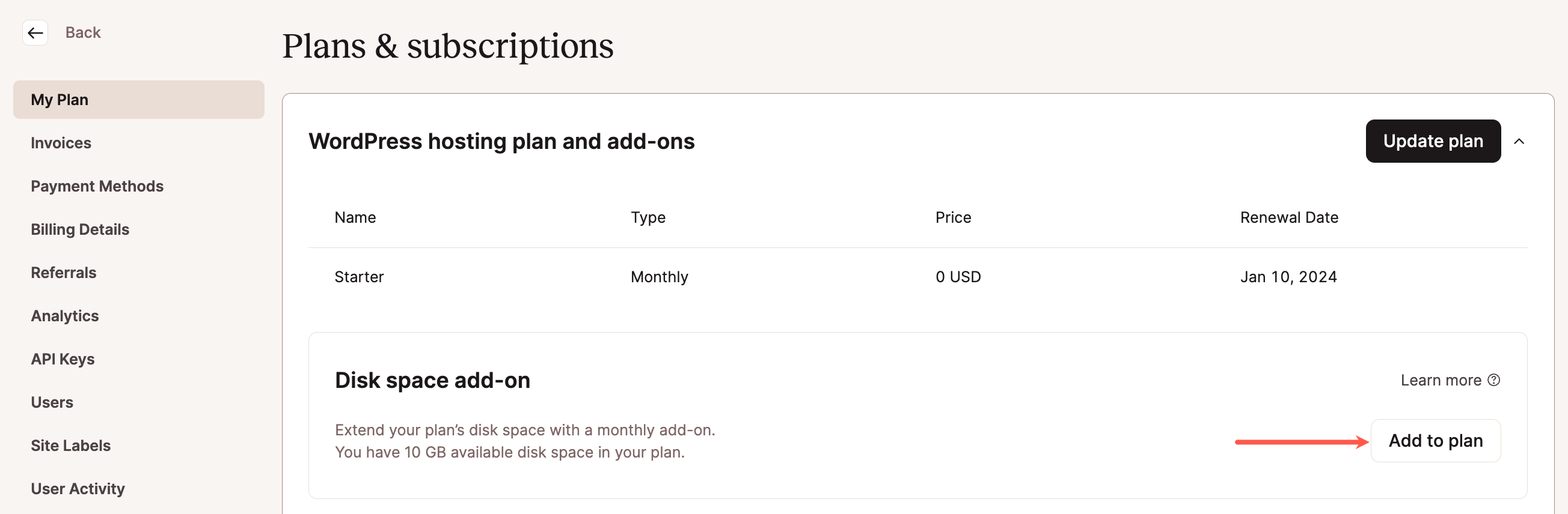 Add the disk space add-on to your plan in MyKinsta