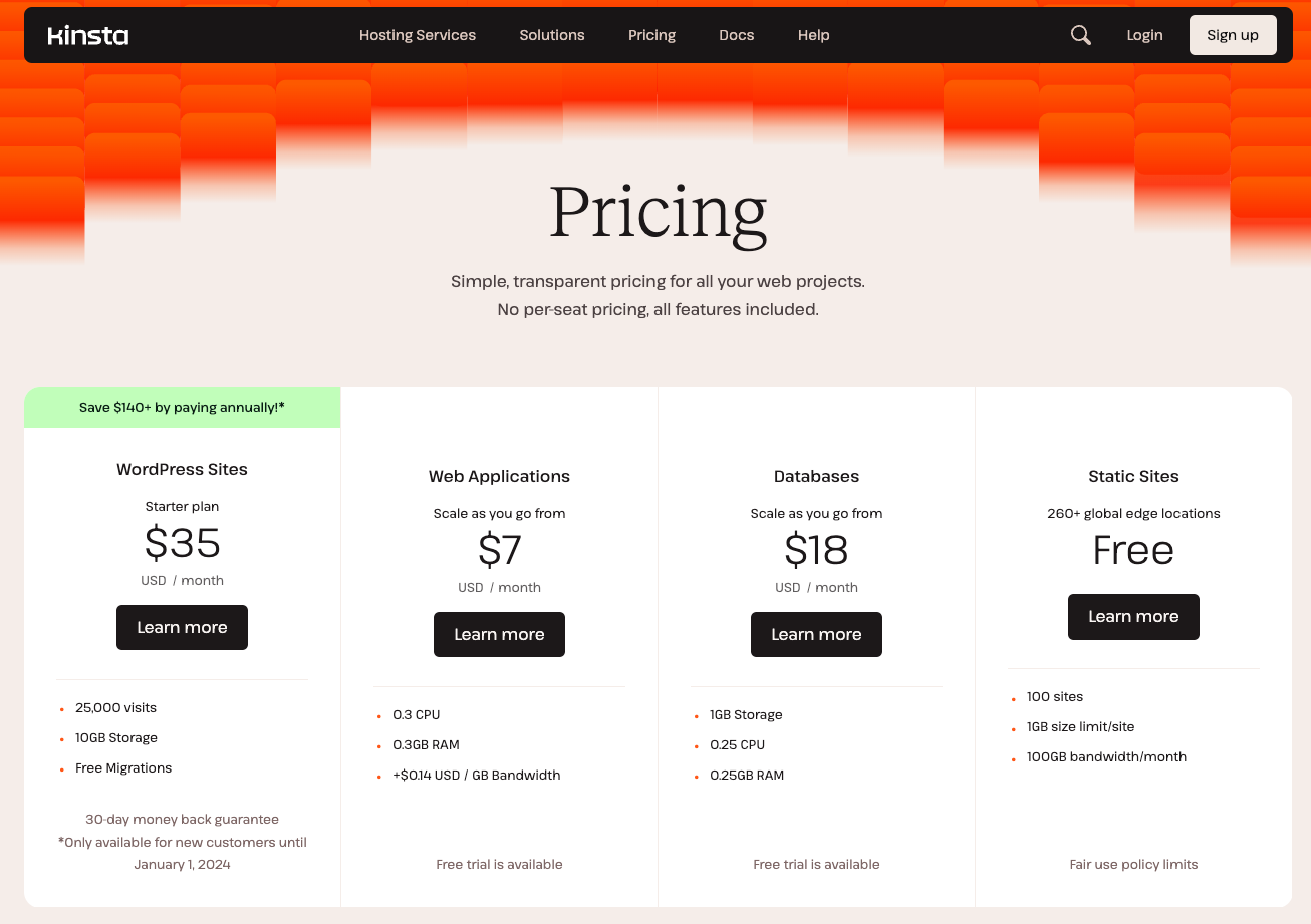 Kinsta Managed WordPress Hosting Pricing page.