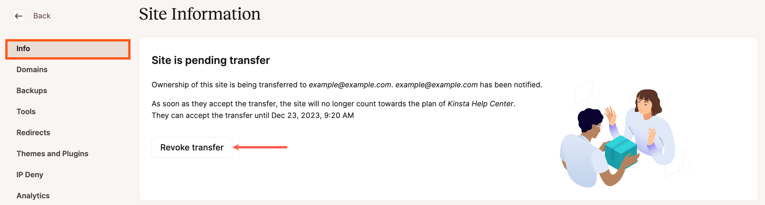 Cancel/revoke a site transfer in MyKinsta.