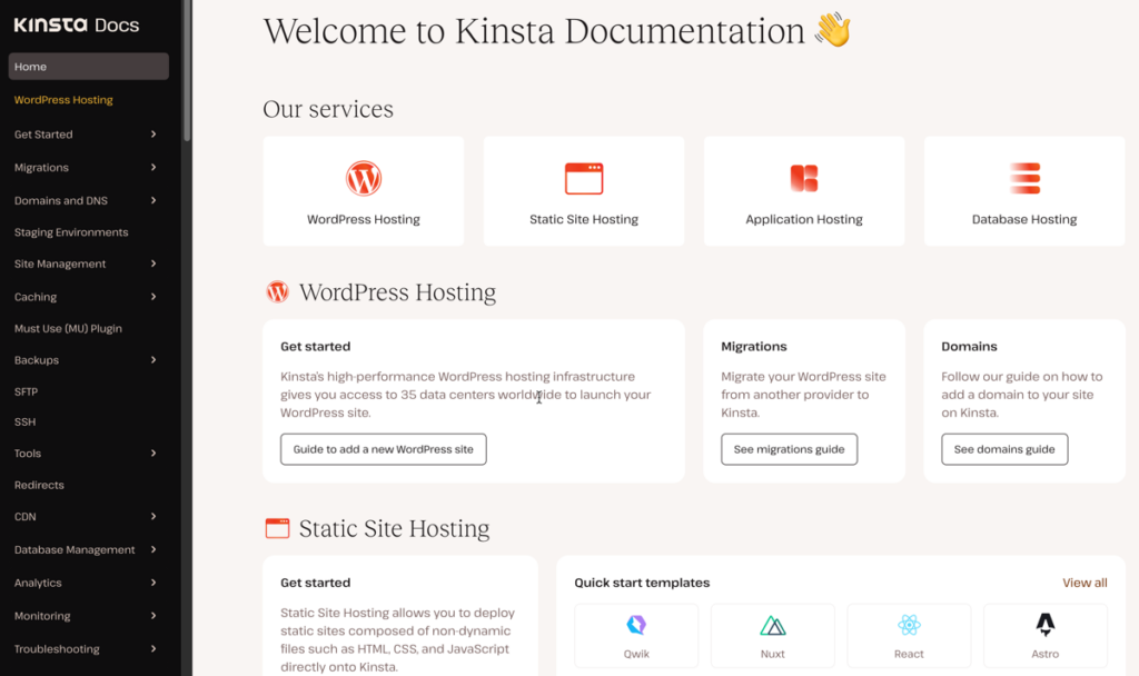 Un coup d'œil au nouveau design de la documentation de Kinsta.