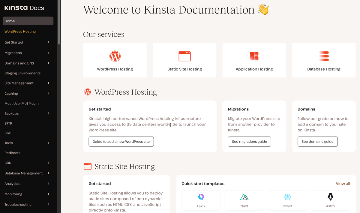 En titt på den nya designen för Kinsta's dokumentation.