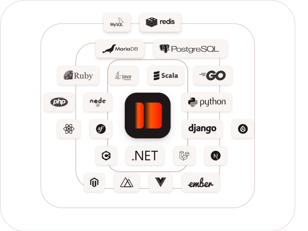 Illustration showing a wide selection of technologies and frameworks which work on Kinsta