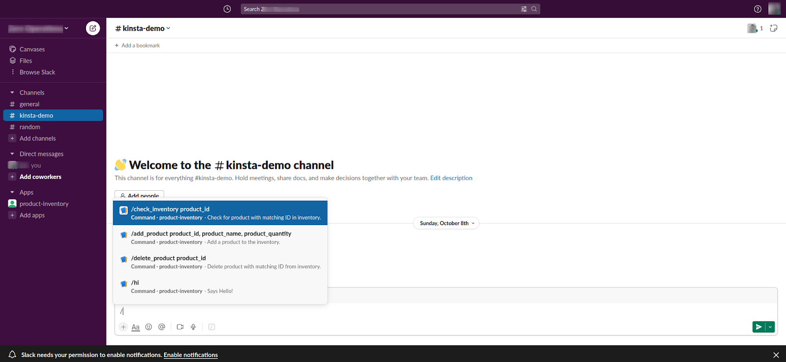 Kinsta-demo channel with a list of commands, including check inventory product ID, add product ID, name, or quantity, delete product ID, and Hi