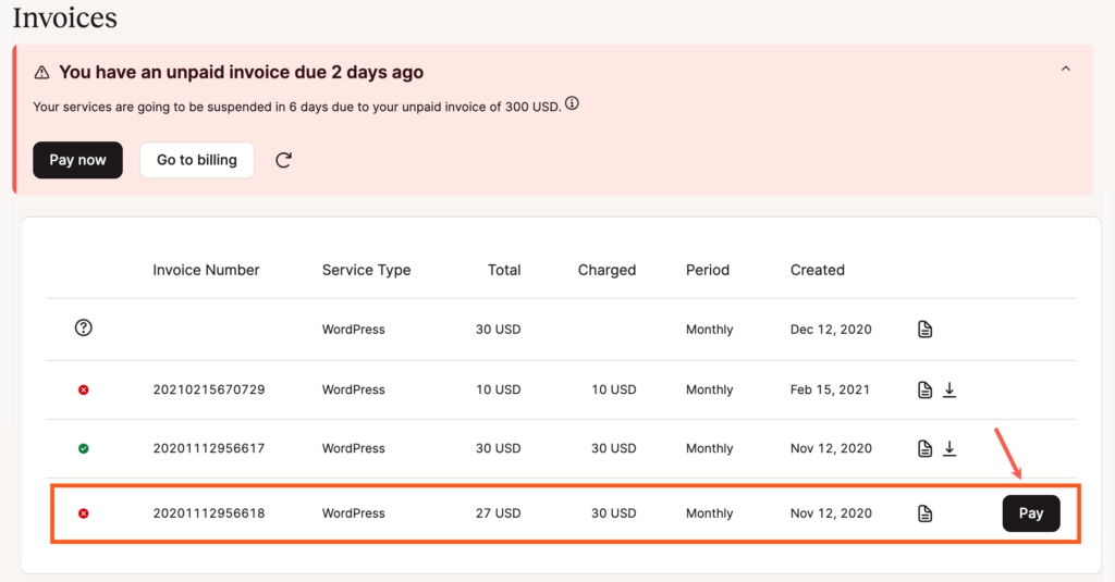 Pagare una fattura non pagata in MyKinsta.