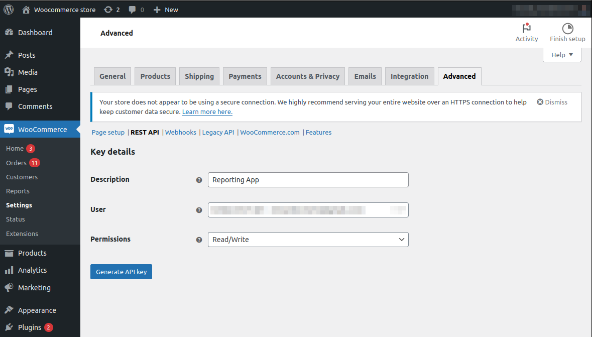 WooCommerce Advanced tab shows the Key details section with Description and User fields and a Permissions list.
