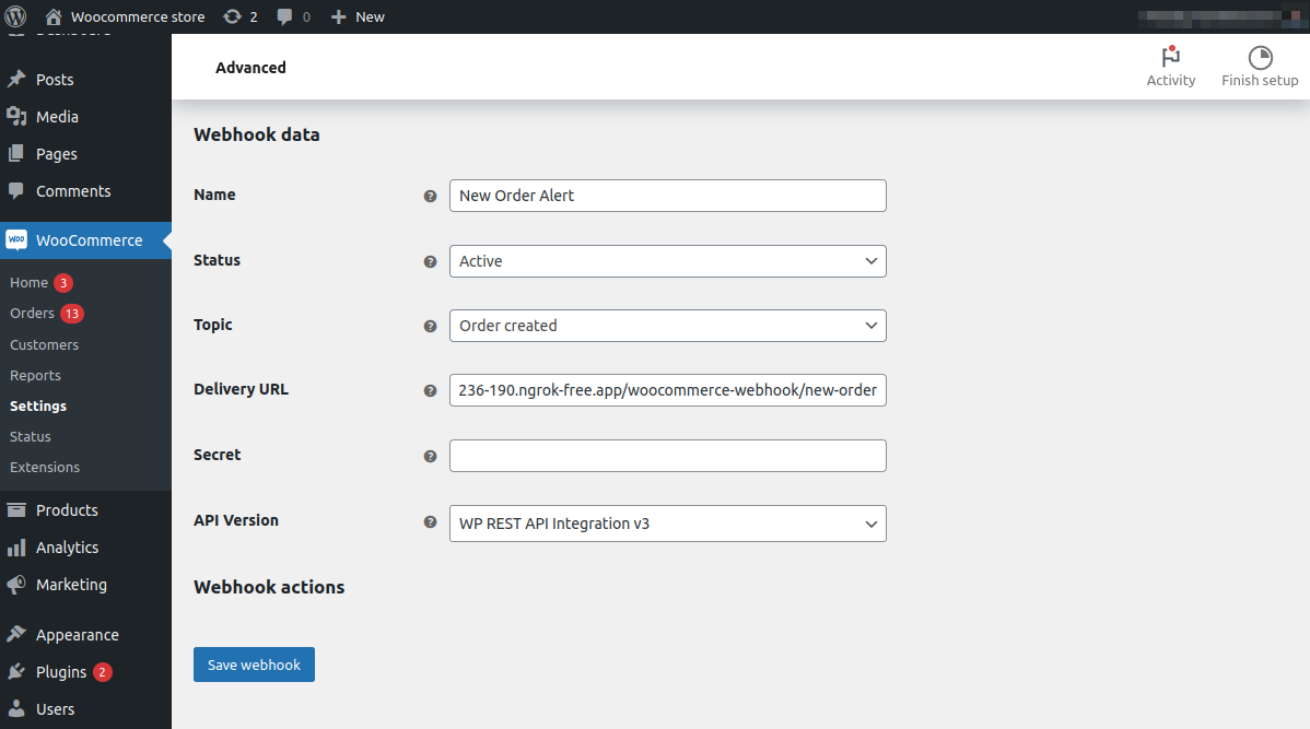 Advanced page showing the Webhook data form. It has Name, Status, Topic, Delivery URL, Secret, and API Version fields with a Save webhook button.