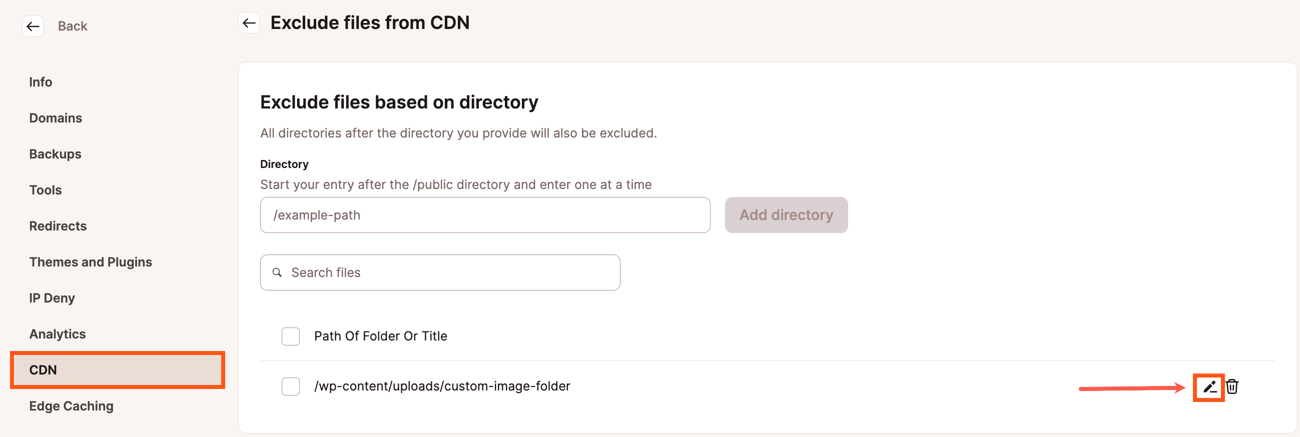 Edit directory or URL exclusions in Kinsta CDN settings.