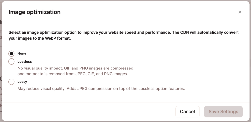 Image optimization settings in MyKinsta.