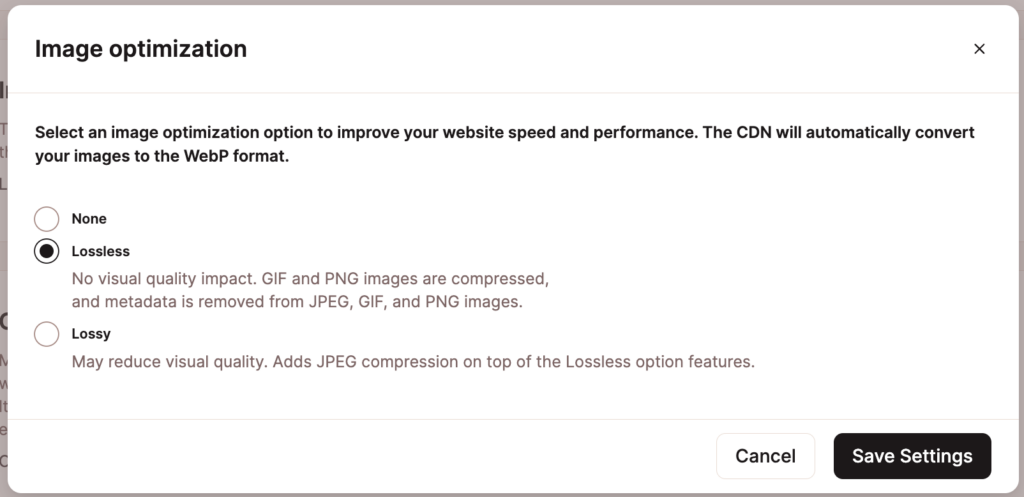 Selecting the Lossless image optimization option in MyKinsta.