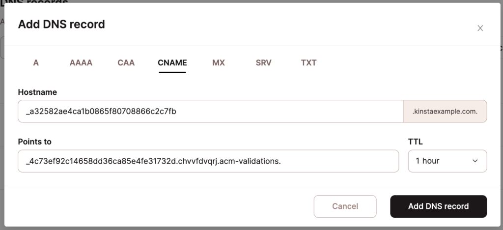 Add a CNAME record for AWS SSL validation.