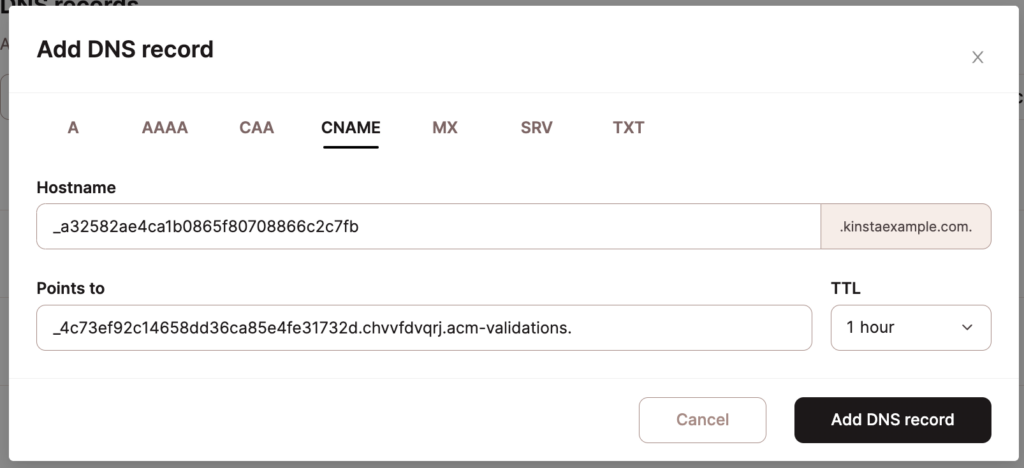 Voeg een CNAME record toe voor AWS SSL validatie.