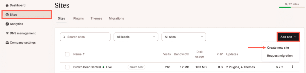 Image showing how to add a new site in MyKinsta