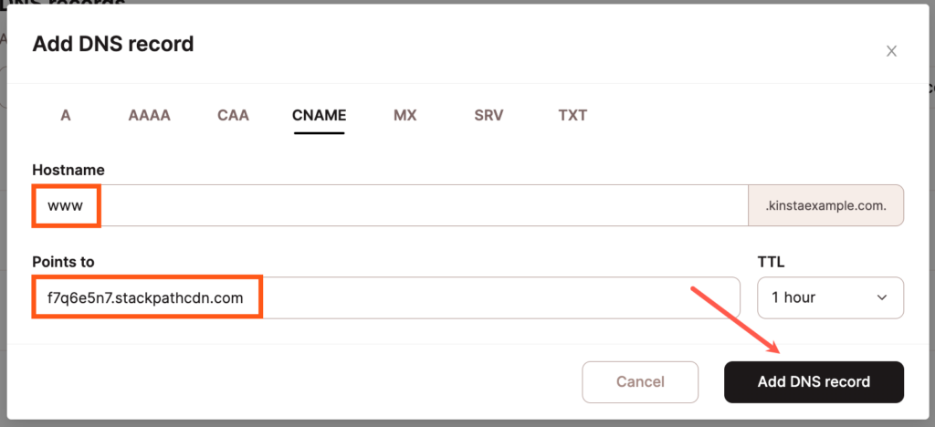 Add a www CNAME record to point to StackPath.