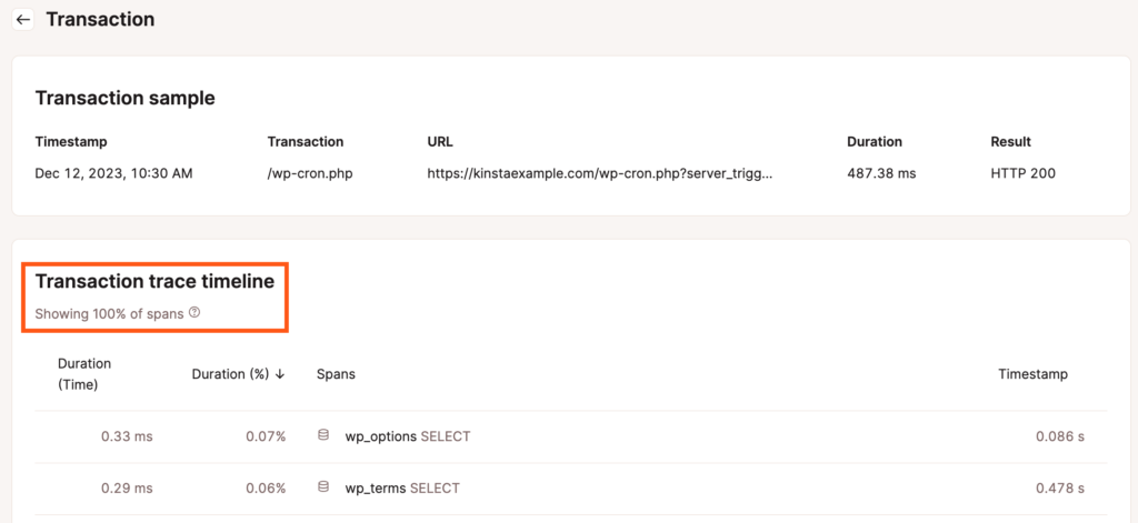 Transaction trace timeline for a transaction sample.