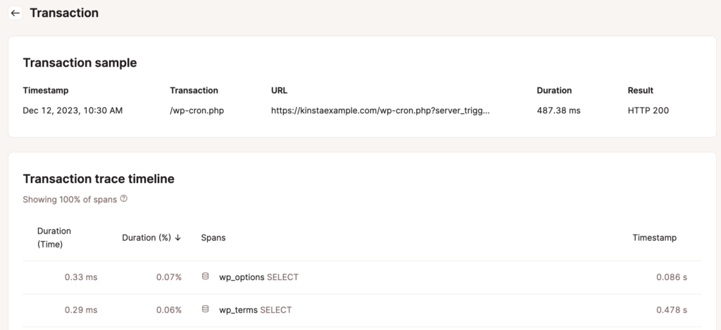 Transaction sample with trace timeline in Kinsta's APM.