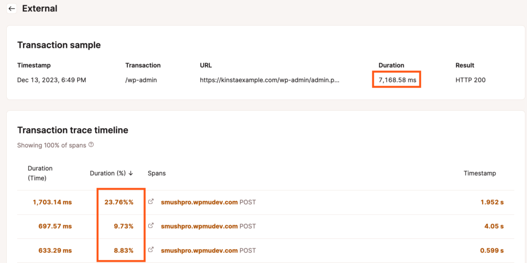 Viewing all requests to smushpro.wpmudev.com in a transaction trace timeline.