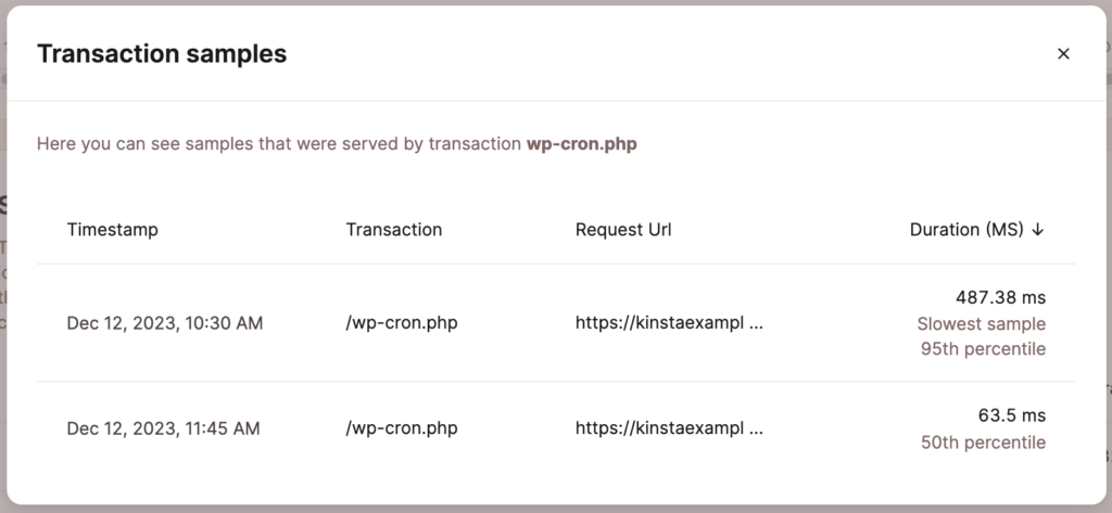 The transaction sample modal in the APM tool.