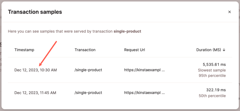 Select the slowest sample in the transaction samples list.