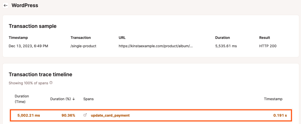 The update_card_payment span takes up 5,002.21 ms of the transaction.