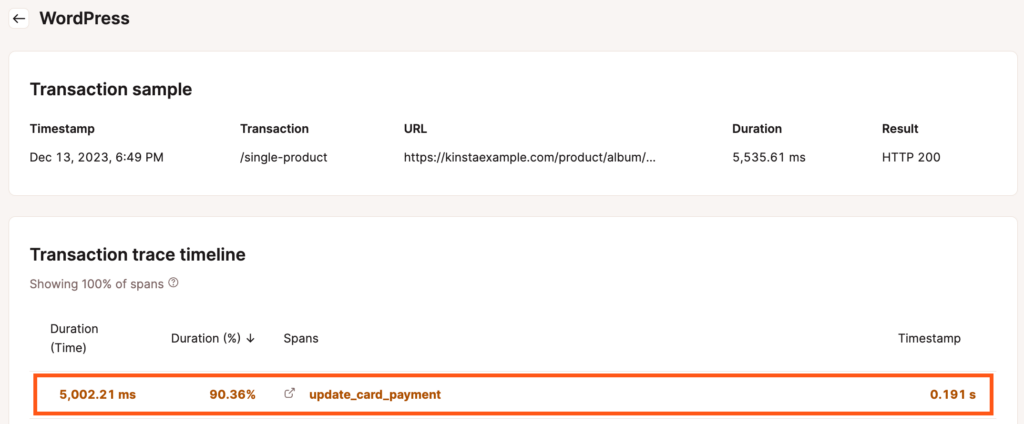 Der Prozess update_card_payment nimmt 5.002,21 ms der Transaktion in Anspruch