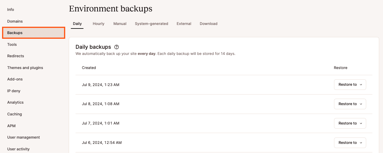 The Backups tab in MyKinsta