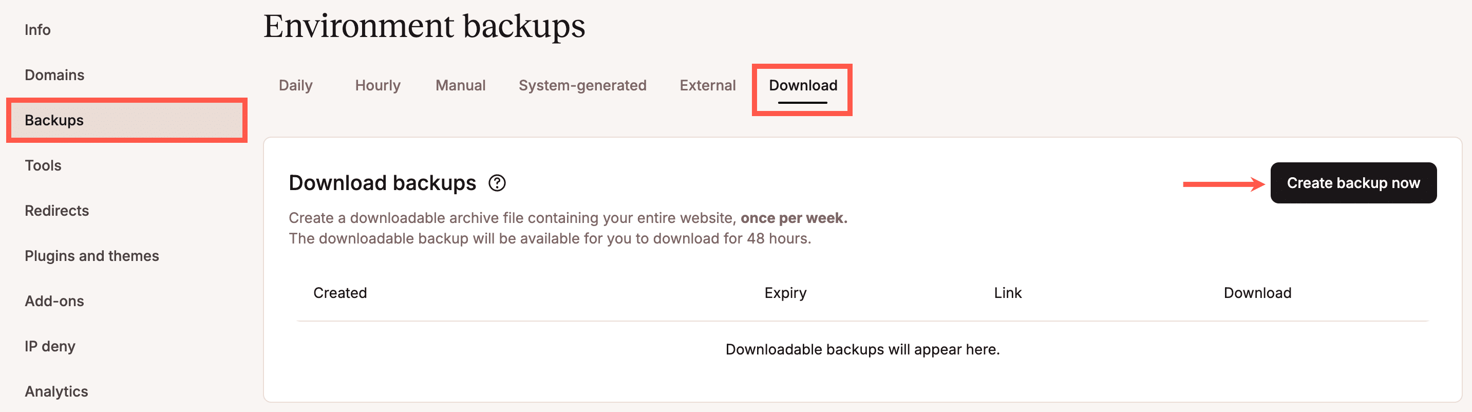 Downloadable backups in MyKinsta