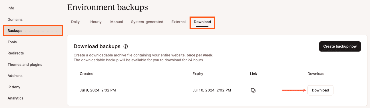 Een WordPress-backup downloaden in MyKinsta.