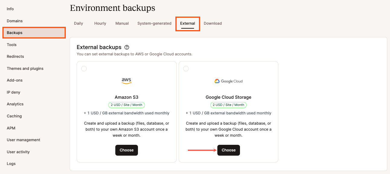 Google Cloud Storage optie geselecteerd voor externe backups.