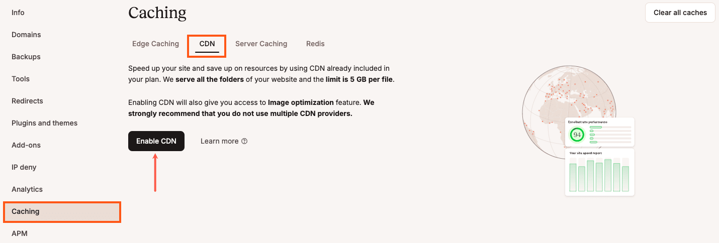 Option to enable Kinsta’s CDN within the Caching tab in MyKinsta.