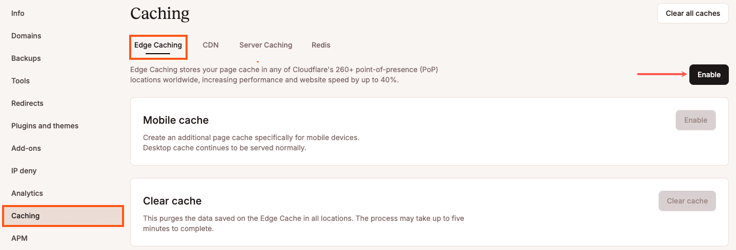Option to enable edge caching within the Caching tab in MyKinsta.
