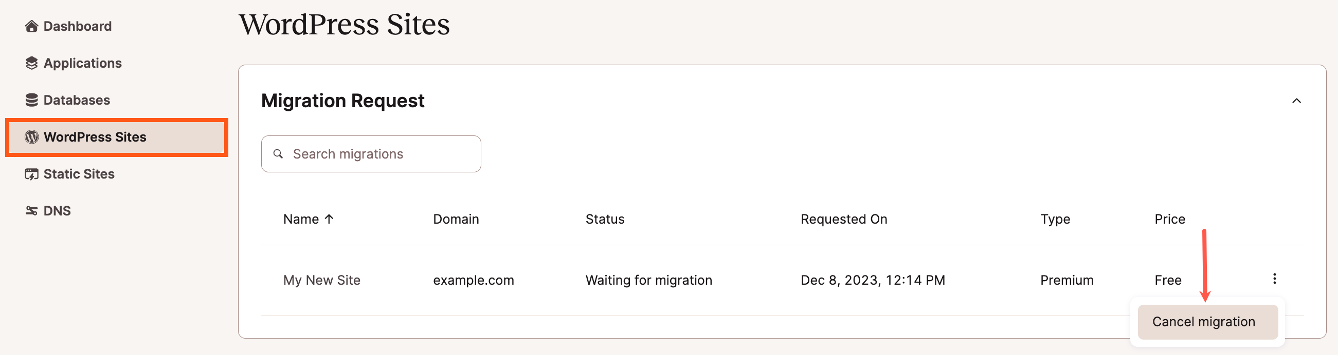 Cancel a site migration in MyKinsta.