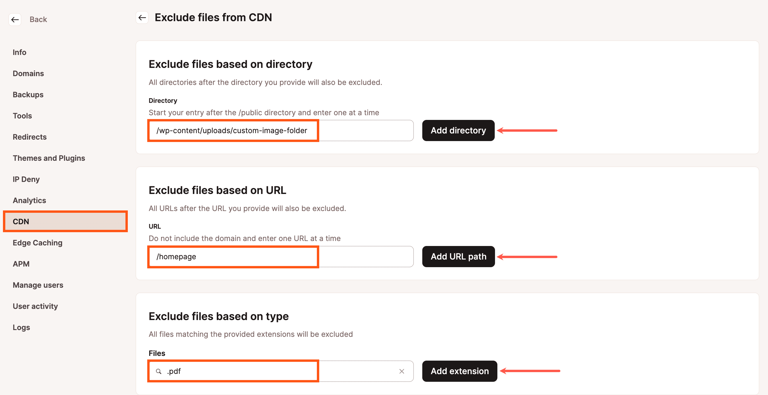 Screenshot showing the dialog for specifying content exclusions from the CDN in MyKinsta.