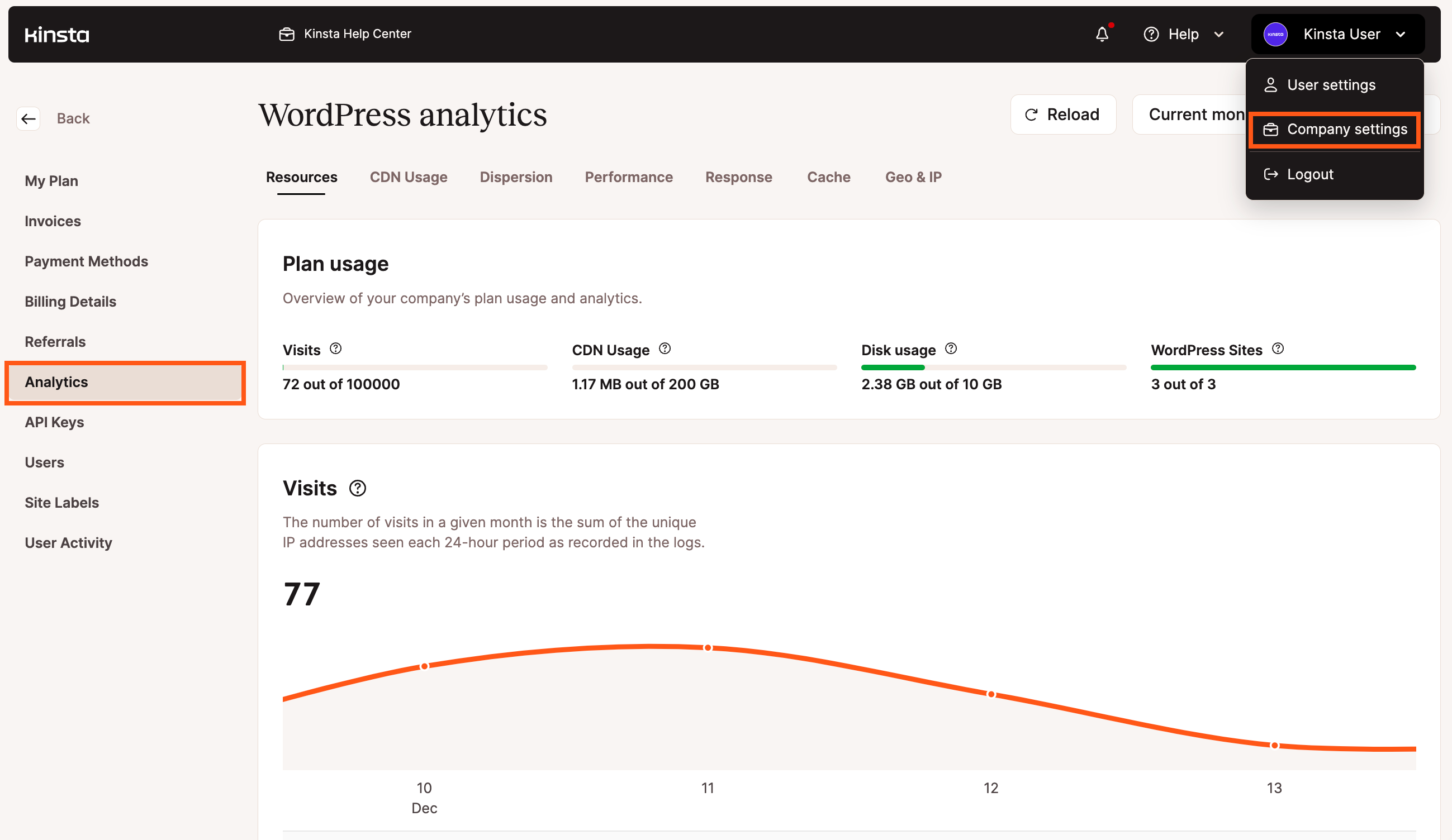 Company-level WordPress Analytics in MyKinsta.
