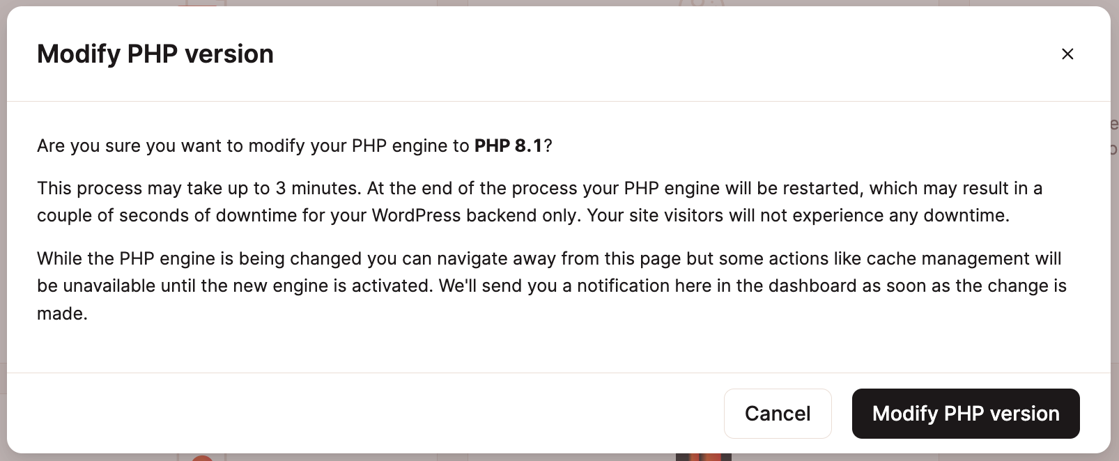 Screenshot of the confirmation prompt in MyKinsta for modifying the PHP version.