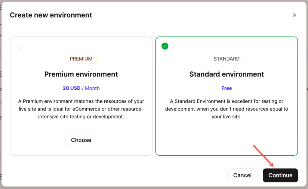 Een testomgeving kiezen binnen MyKinsta