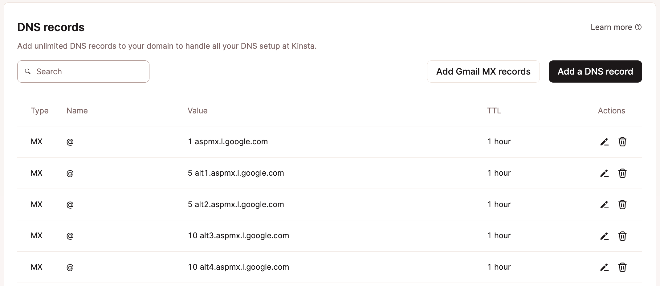 Google MX records for Google Workspace.