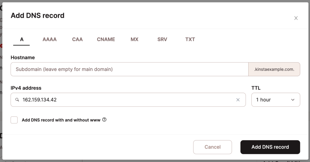 Ajoutez un enregistrement A dans le DNS de Kinsta.