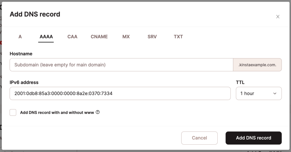 Ajoutez un enregistrement AAAA dans le DNS de Kinsta.