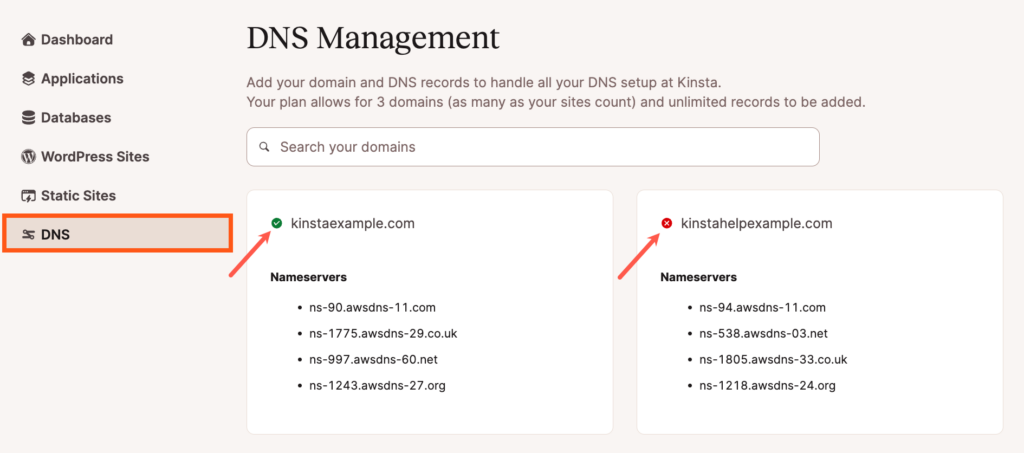 Kinsta DNSのチェックマークは、ネームサーバーがKinstaに向けて設定されていることを示し、Xは設定が行われていないことを意味する