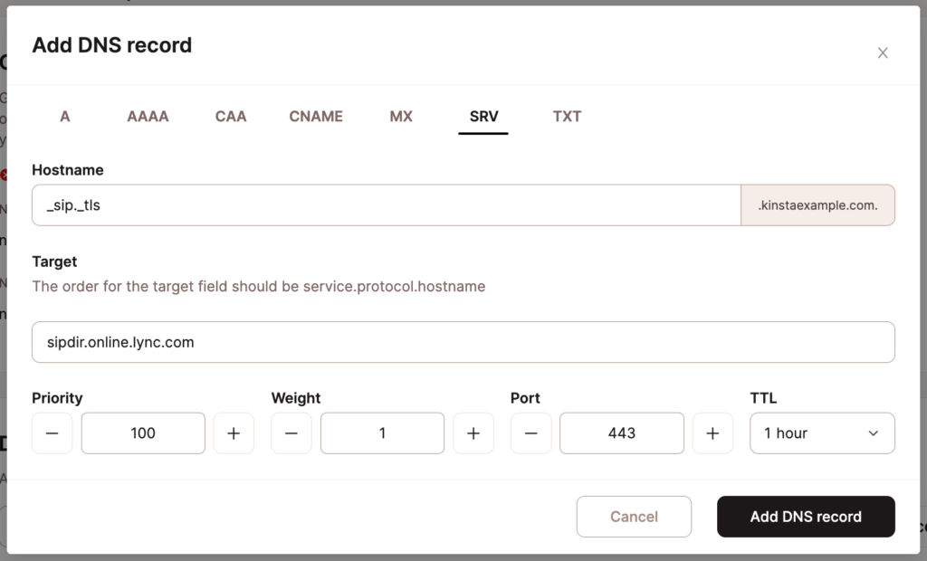 Ajoutez un enregistrement SRV dans le DNS de Kinsta.