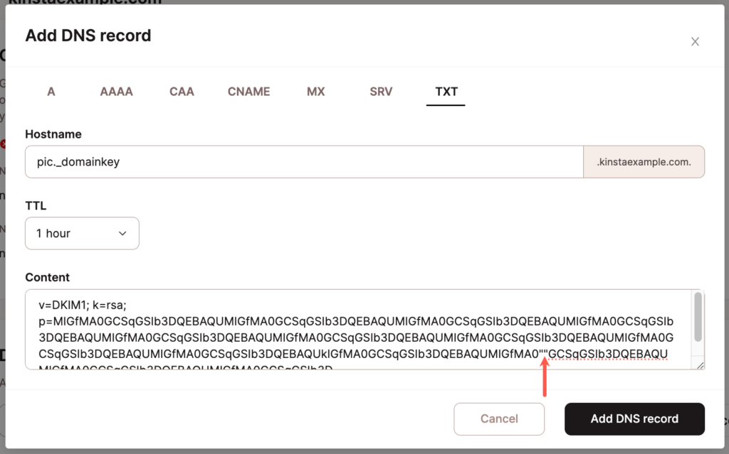 Ajoutez un enregistrement DKIM avec plusieurs chaînes dans le DNS de Kinsta.