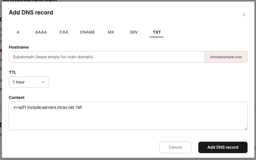 Ajoutez un enregistrement SPF dans le DNS de Kinsta.