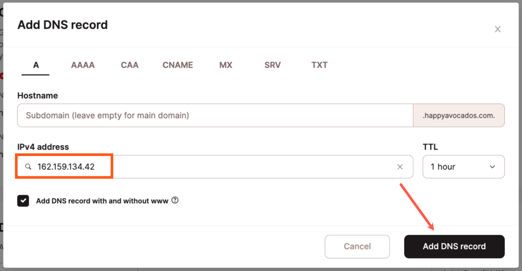 Crea un registro A en el DNS de Kinsta.