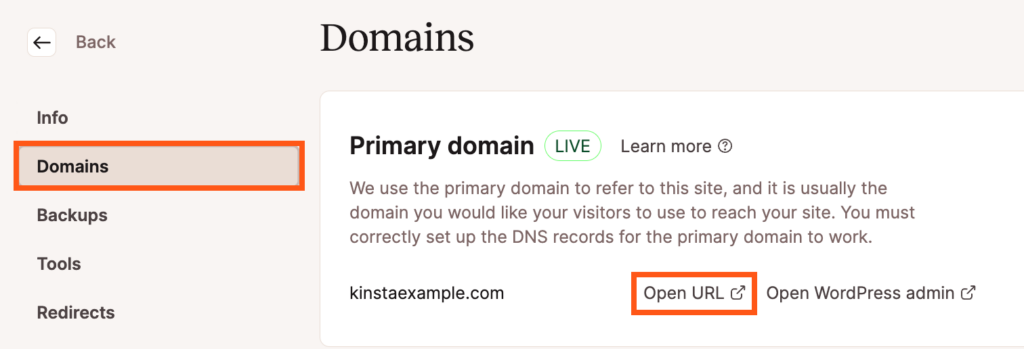 Open URL link in MyKinsta.