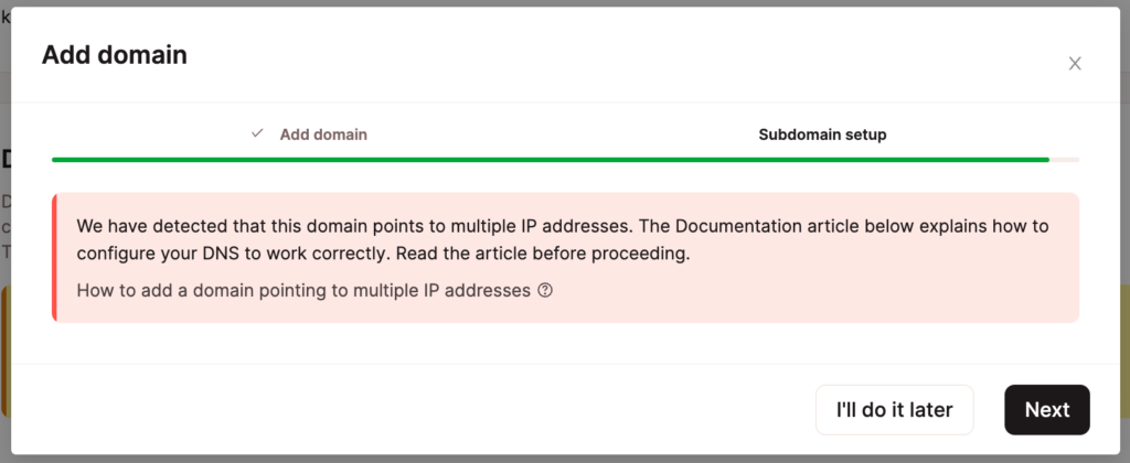 Warning in MyKinsta for subdomain pointing to multiple IP addresses.